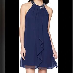SLNY Sleeveless Halter Beaded Neck Flowing Layered Navy Dress‎ Women’s 14 NEW